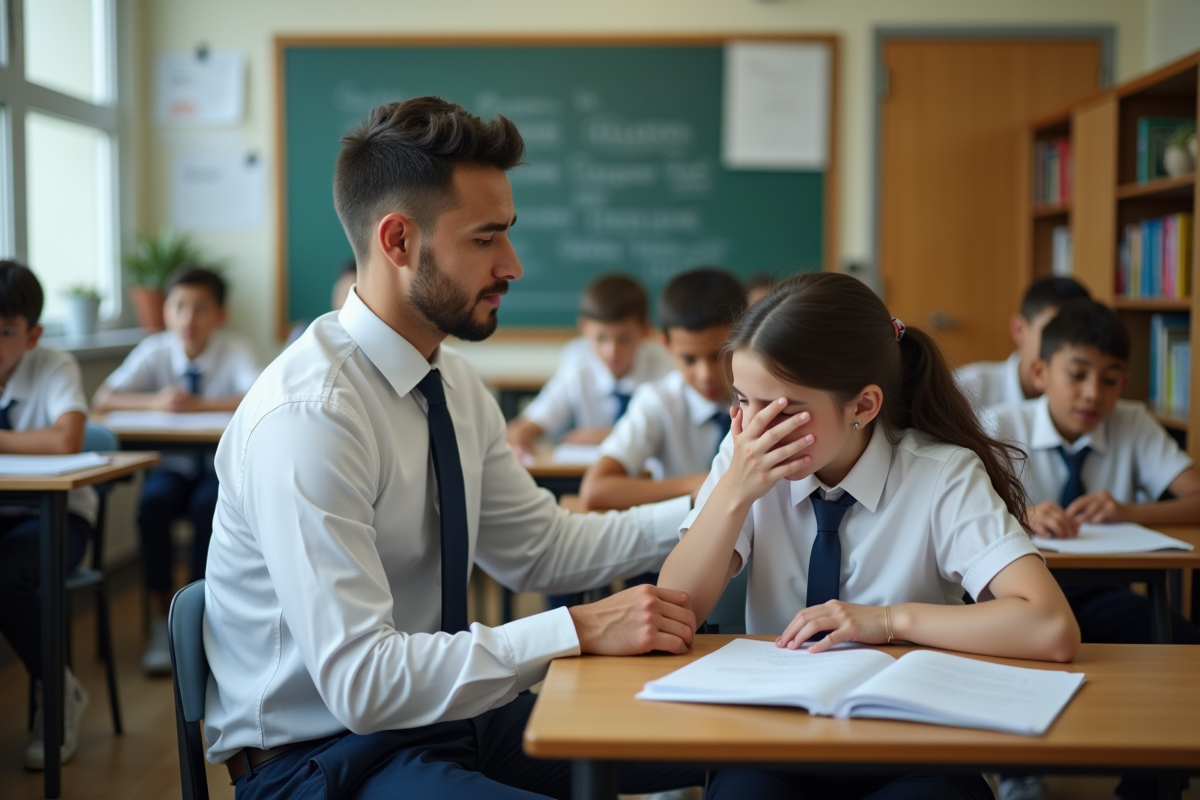 Professeur aidant un élève qui tousse en classe