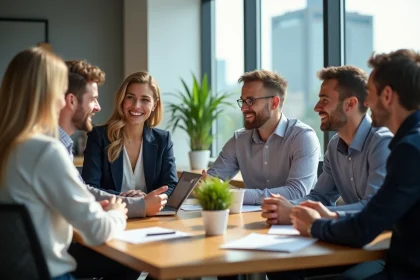 Groupe de professionnels souriants dans un bureau moderne