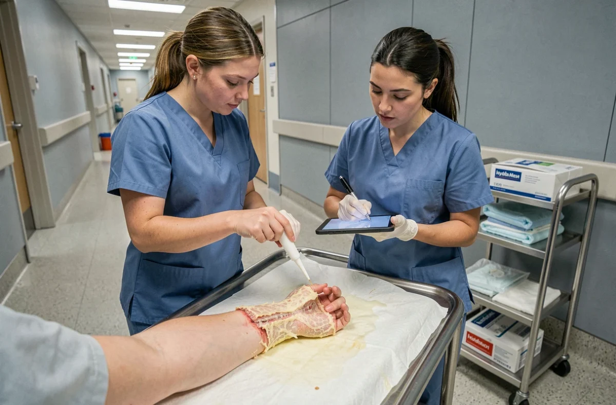 Équipe médicale en milieu hospitalier évaluant une plaie chirurgicale avec fibrine jaune sur l'avant-bras d'un patient