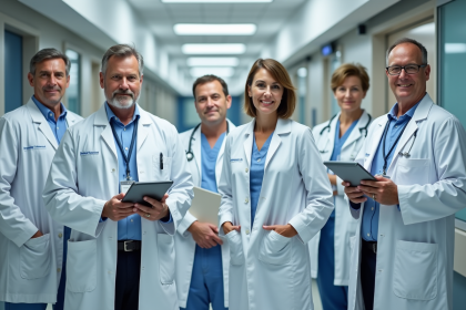 Groupe de médecins européens dans un hôpital moderne