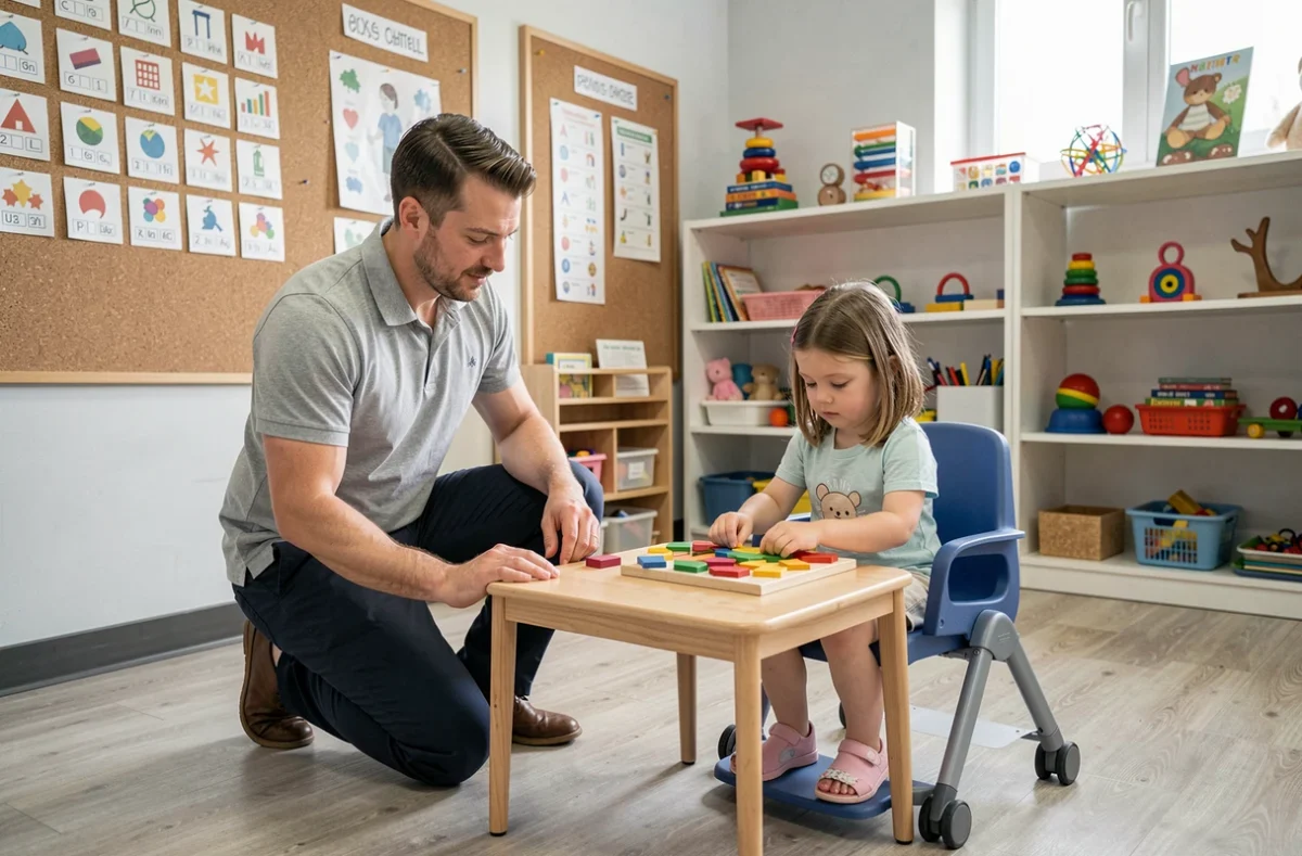 Ergothérapeute évaluant les capacités motrices d'une enfant avec des puzzles dans une salle ressource scolaire