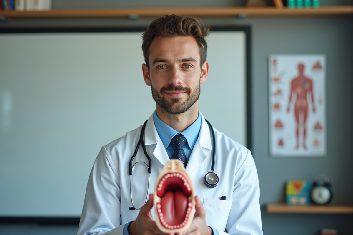 Etudiant en médecine tenant un modèle de langue