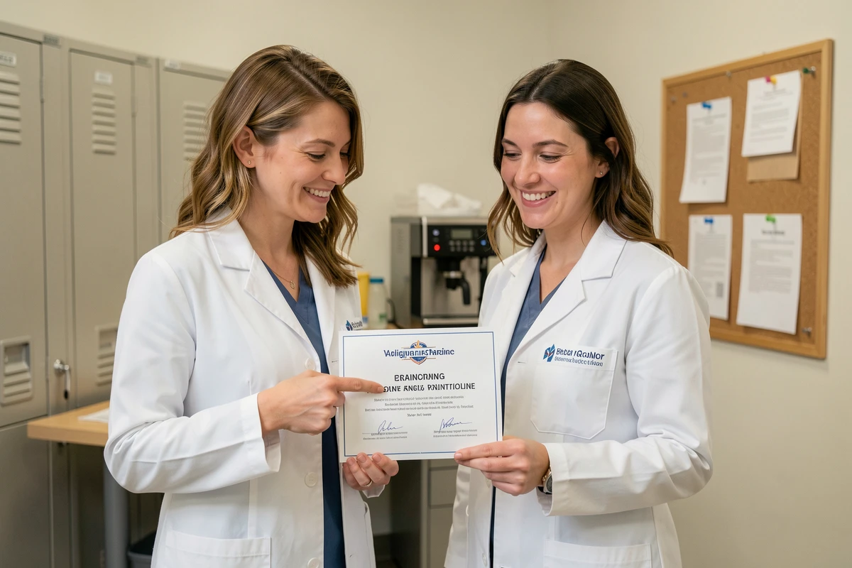 Deux auxiliaires vétérinaires féminines examinant un certificat de formation professionnelle dans la salle de repos d'une clinique vétérinaire