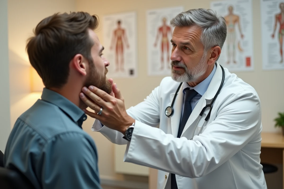 Médecin généraliste examinant la mâchoire d'un patient pour diagnostiquer un blocage de l'articulation temporomandibulaire