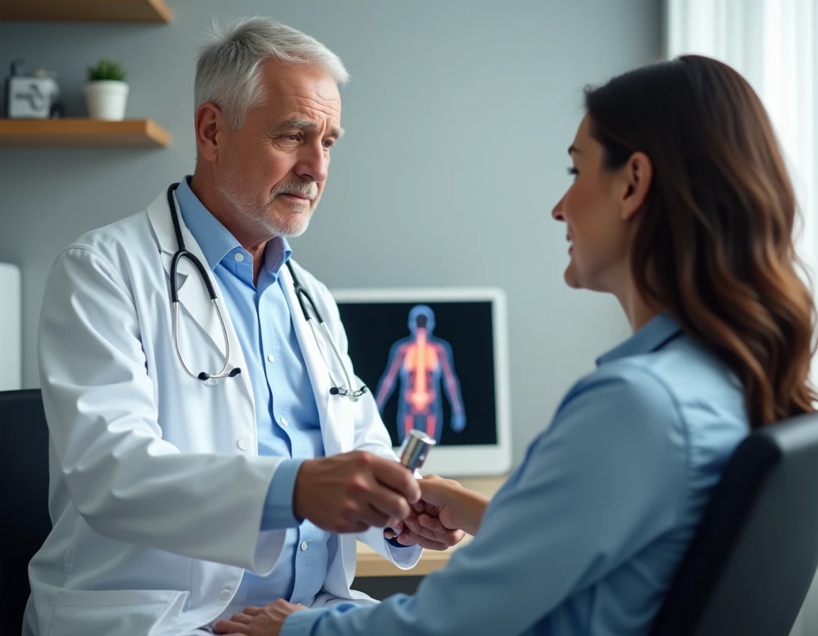 Neurologue effectuant un examen clinique du réflexe musculaire sur un patient dans un cabinet de neurologie