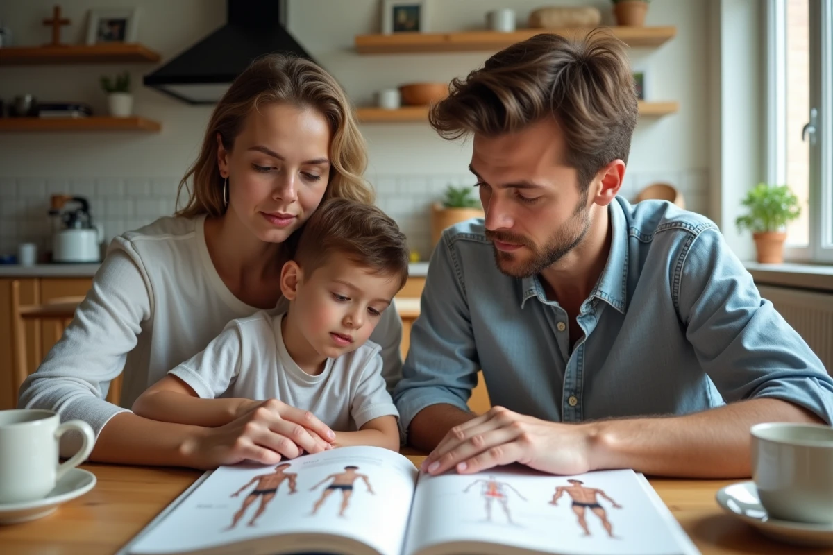 Famille &eacute;tudiant un livre m&eacute;dical &agrave; la cuisine