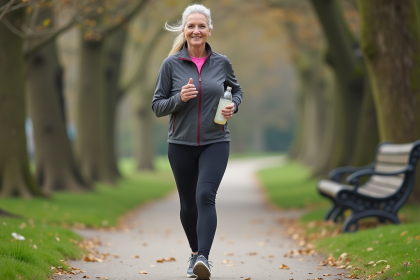 Femme sportive souriante marche dans un parc au printemps