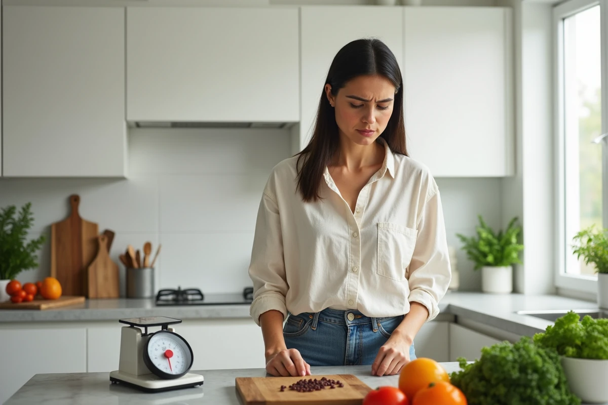 Femme en cuisine préparant un repas équilibré dans le cadre d'un régime amincissant, avec une expression de fatigue musculaire liée aux changements hormonaux