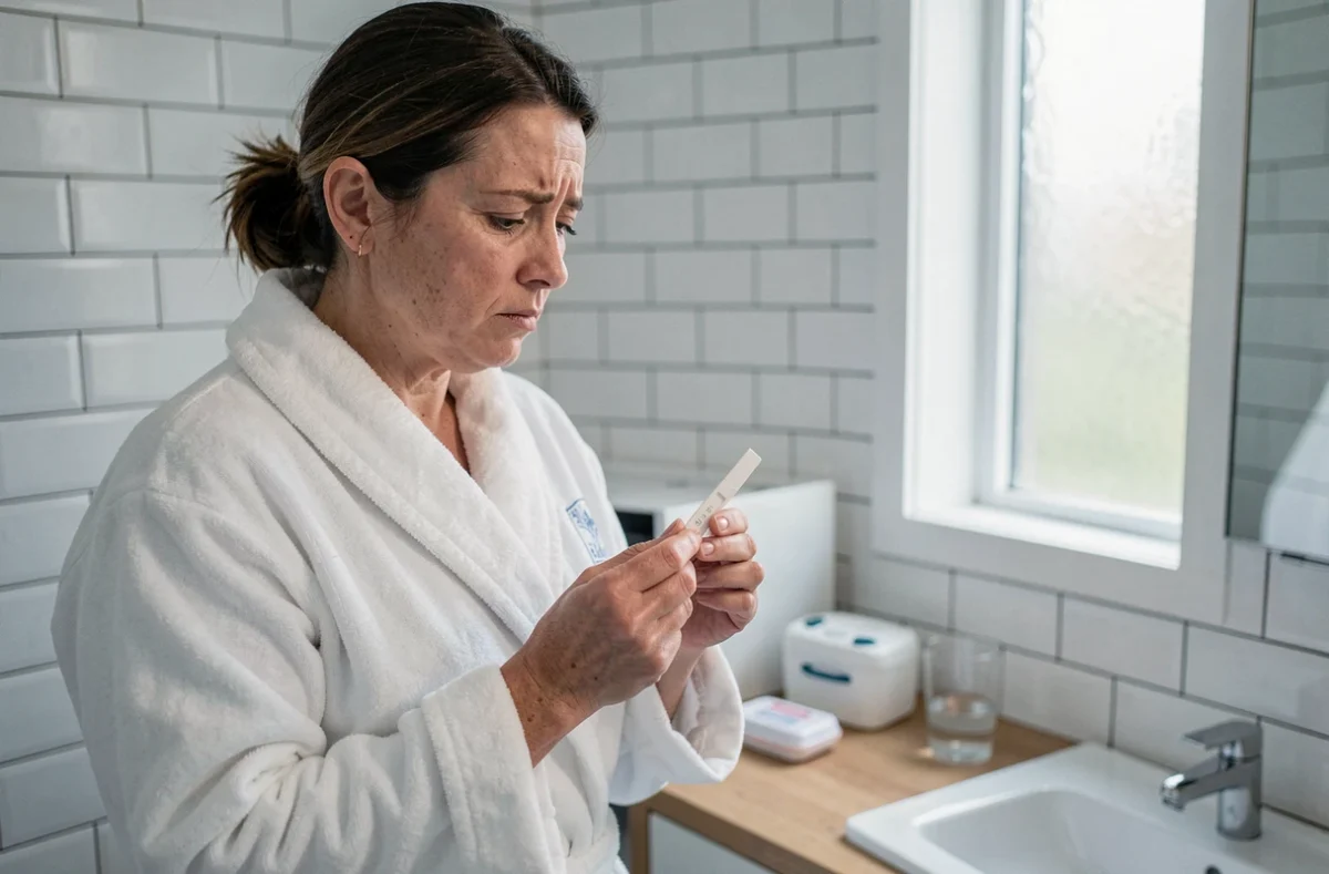Femme en robe de chambre analysant une bandelette urinaire dans une salle de bain pour détecter du sang dans les urines