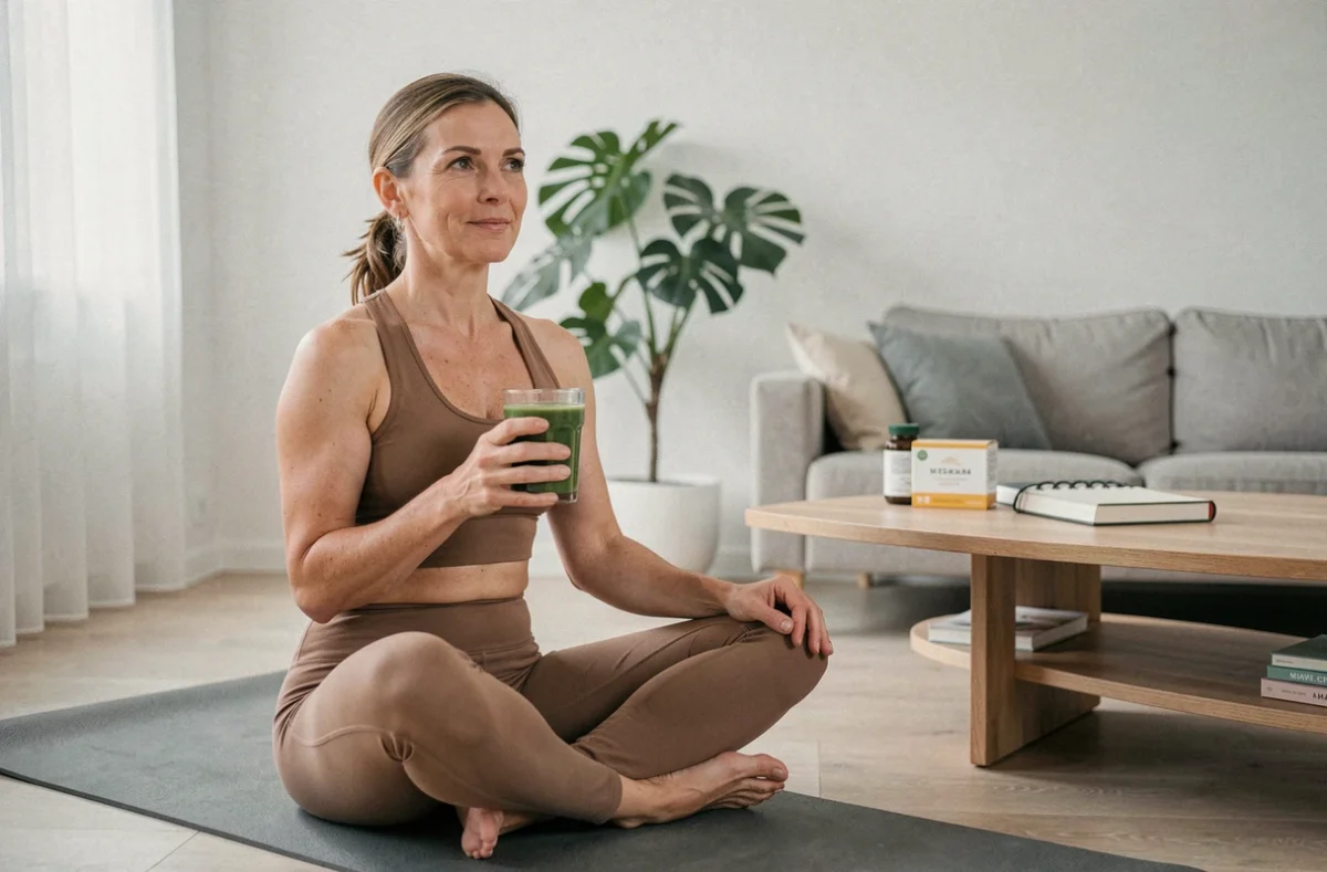 Femme quinquagénaire en tenue de sport tenant un smoothie vert sur un tapis de yoga, illustrant un mode de vie sain et une cure bien-être