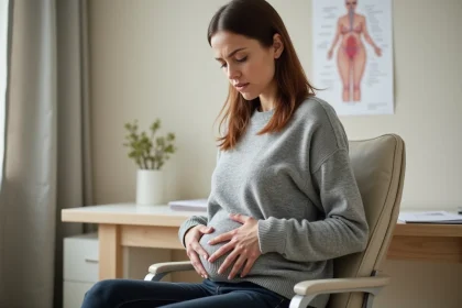 Femme en consultation gynécologique tenant son bas-ventre, illustrant les symptômes des kystes aux ovaires