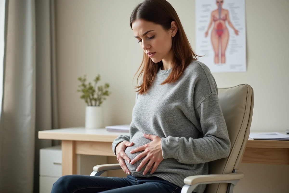 Femme en consultation gynécologique tenant son bas-ventre, illustrant les symptômes des kystes aux ovaires