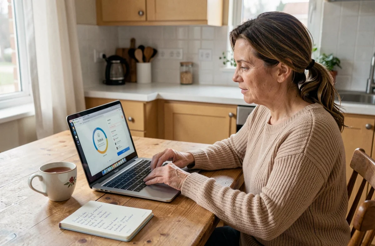 Femme consultant une plateforme de santé hormonale en ligne depuis chez elle avec un ordinateur portable et des notes manuscrites