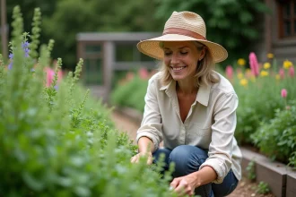 Femme récoltant du thym dans un jardin verdoyant