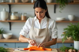 Femme préparant des carottes fraîches sur une planche en bois dans une cuisine moderne, illustration de recettes légères pauvres en glucides
