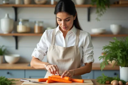 Femme préparant des carottes fraîches sur une planche en bois dans une cuisine moderne, illustration de recettes légères pauvres en glucides