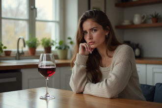 Femme assise à la cuisine avec verre de vin et regard pensif