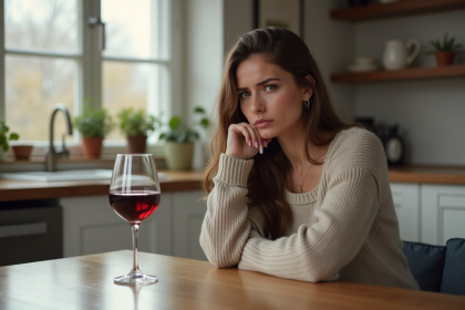 Femme assise à la cuisine avec verre de vin et regard pensif