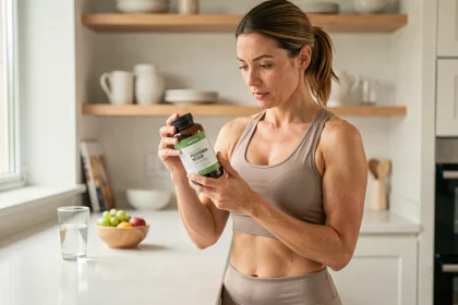 Femme lisant l'étiquette d'un complément alimentaire dans une cuisine moderne, illustrant la prise d'une cure minceur
