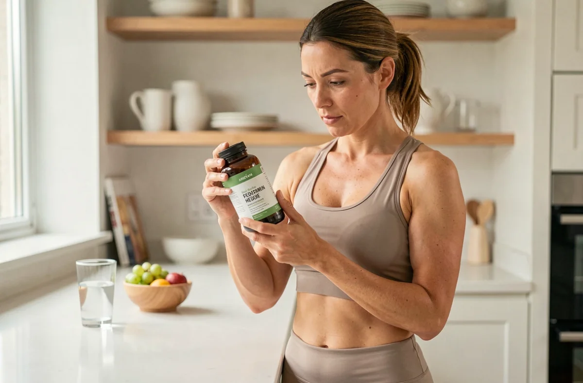 Femme lisant l'étiquette d'un complément alimentaire dans une cuisine moderne, illustrant la prise d'une cure minceur