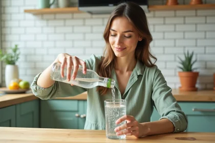 Femme versant de l'eau minérale Saint Antonin dans un verre dans une cuisine naturelle et saine
