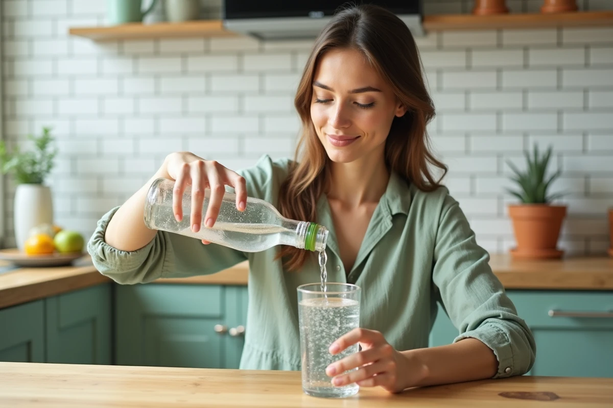 Femme versant de l'eau minérale Saint Antonin dans un verre dans une cuisine naturelle et saine
