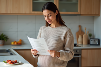 Femme enceinte lit un livret de santé dans la cuisine