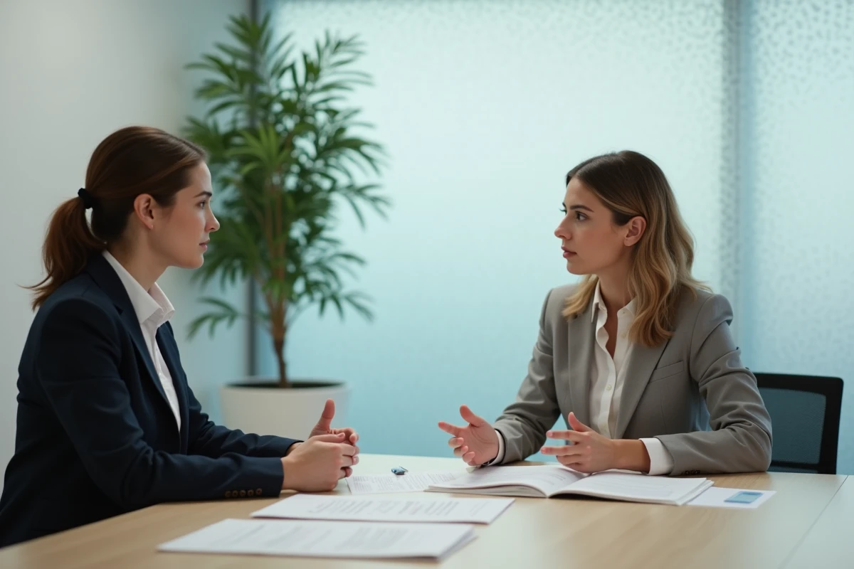 Femme discutant avec une professionnelle en r&eacute;union
