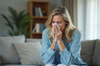 Femme d'âge moyen se sneezing sur un canapé moderne