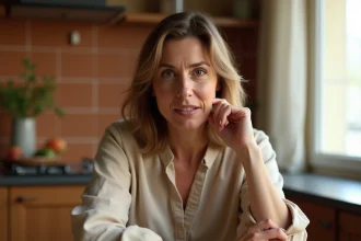 Femme se grattant la main gauche à table dans une cuisine, expression intriguée, illustration de la superstition populaire