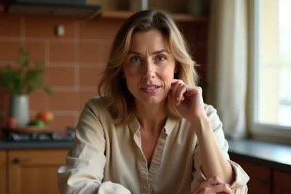 Femme se grattant la main gauche à table dans une cuisine, expression intriguée, illustration de la superstition populaire