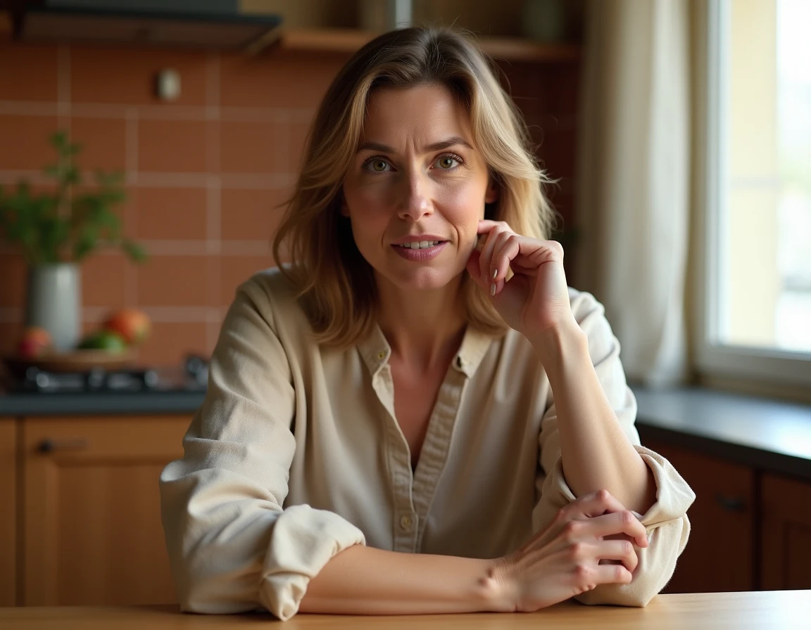 Femme se grattant la main gauche à table dans une cuisine, expression intriguée, illustration de la superstition populaire