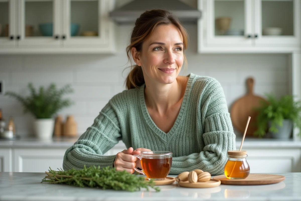 Femme tenant une tasse d'infusion au thym dans une cuisine moderne, entourée de thym frais et d'un pot de miel