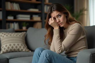 Femme pensive en salon moderne reflet d'une tension émotionnelle