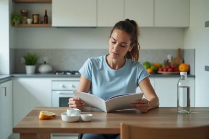 Femme lisant un guide alimentaire dans sa cuisine moderne
