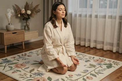 Femme en robe de lin méditant sur un tapis Champ des Fleurs aux motifs botaniques dans une chambre cosy au coucher du soir