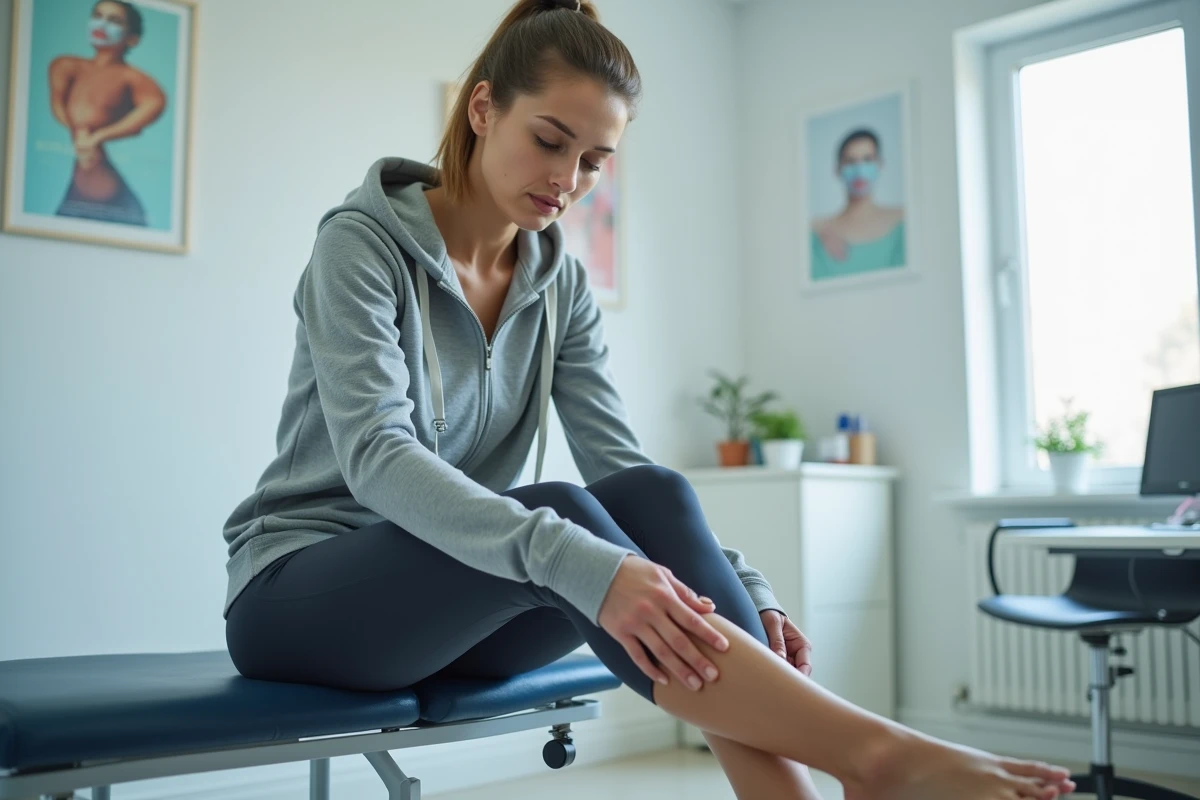 Jeune femme en consultation m&eacute;dicale avec genou gonfl&eacute;