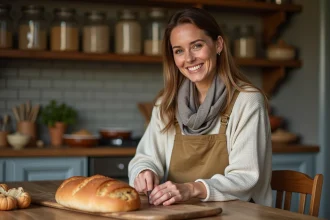 Femme d'âge moyen souriante coupant du pain de seigle à la maison