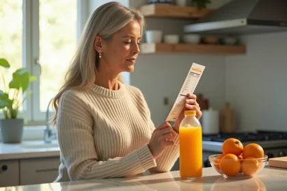 Femme moyenne âge étudie étiquette d orange enrichi dans une cuisine lumineuse