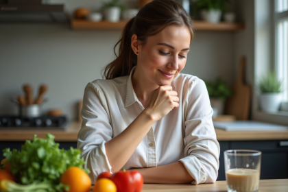 Jeune femme en cuisine avec fruits et l&eacute;gumes pour la sant&eacute;