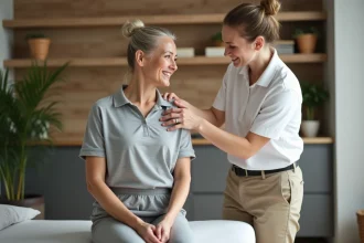 Femme assise en osteopathie dans une salle chaleureuse