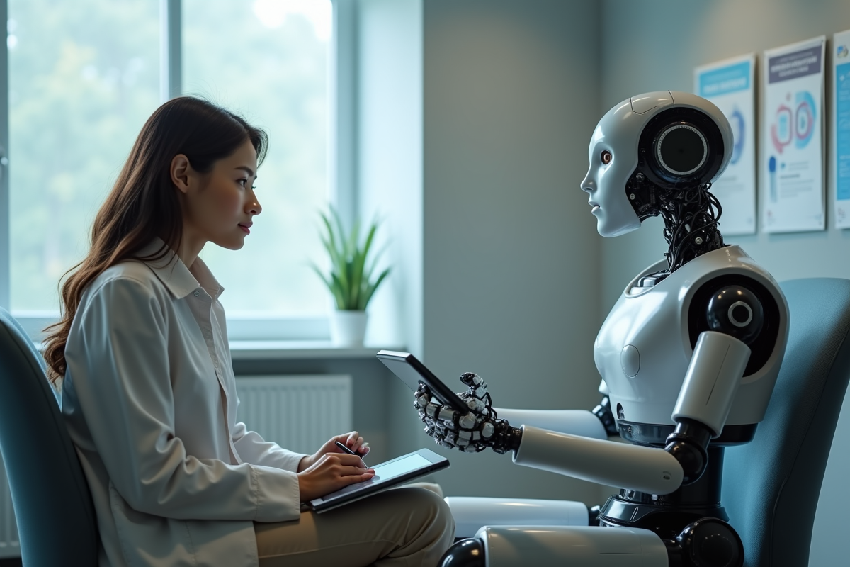 Jeune femme patient observant un robot médical avec une tablette dans une clinique