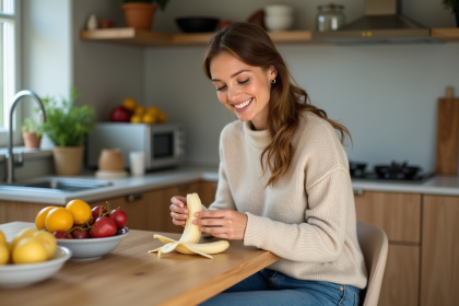 Femme souriante épluchant une banane dans la cuisine