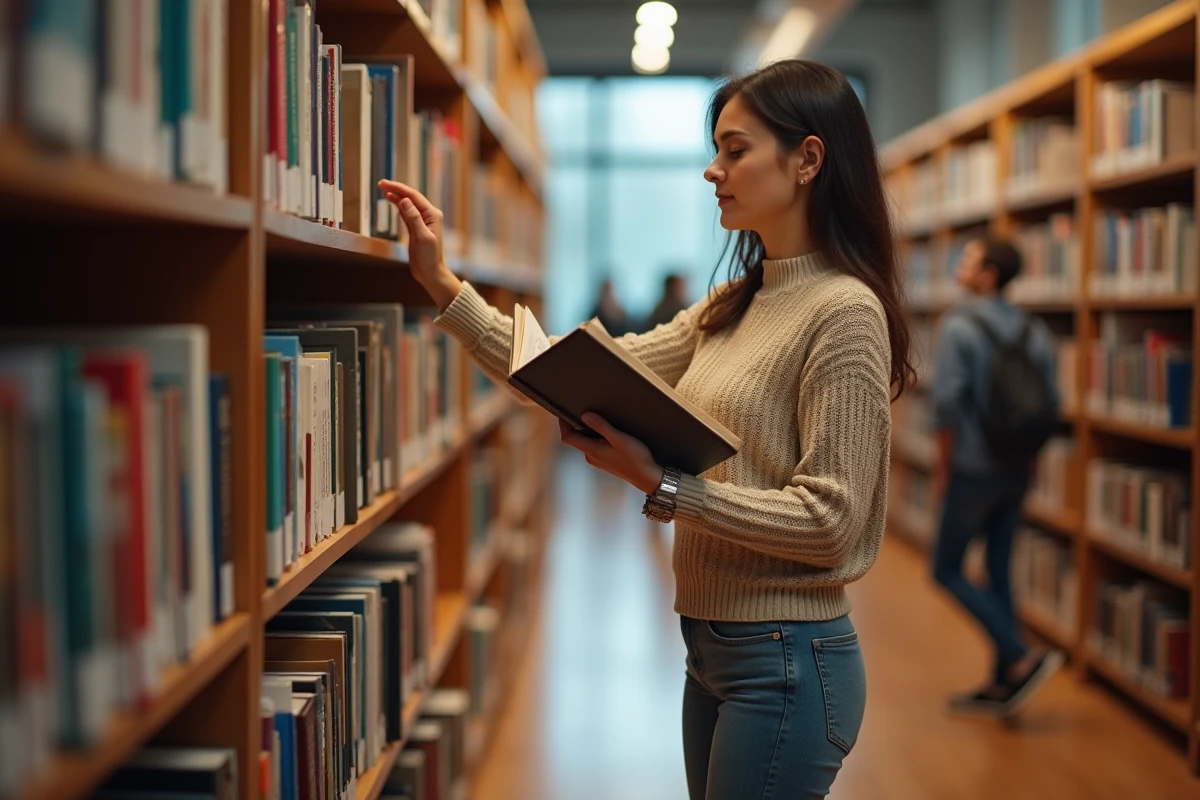 Femme de petite taille dans une bibliothèque publique, représentation inclusive et réaliste du quotidien des personnes atteintes de nanisme