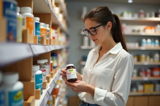 Femme lisant une bouteille de Guggul Plus en pharmacie