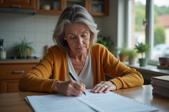 Femme d'âge moyen remplissant des documents dans la cuisine