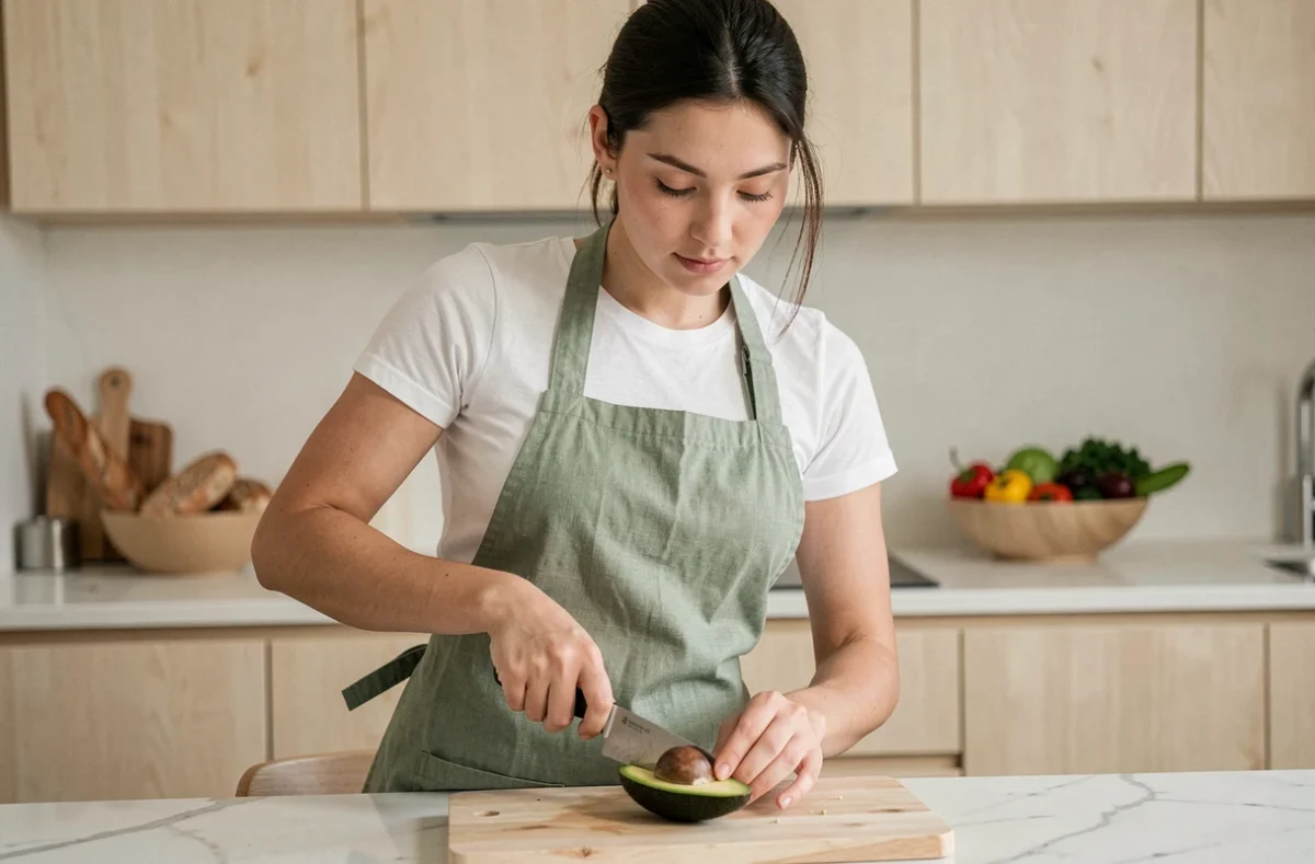Jeune femme préparant un avocat dans une cuisine moderne, illustrant l'intégration de l'avocat dans un menu équilibré et sain