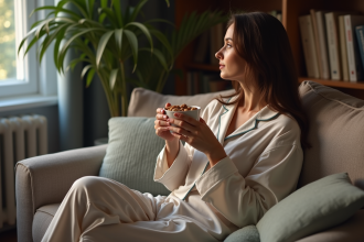 Femme en pyjama cosy sirotant une tisane dans un salon calme