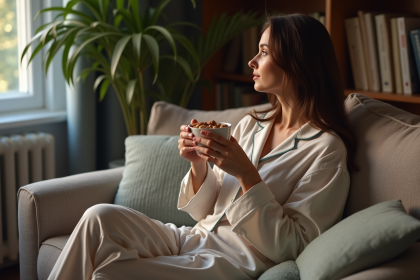 Femme en pyjama cosy sirotant une tisane dans un salon calme
