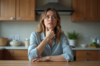 Femme en cuisine touchant sa gorge avec réflexion